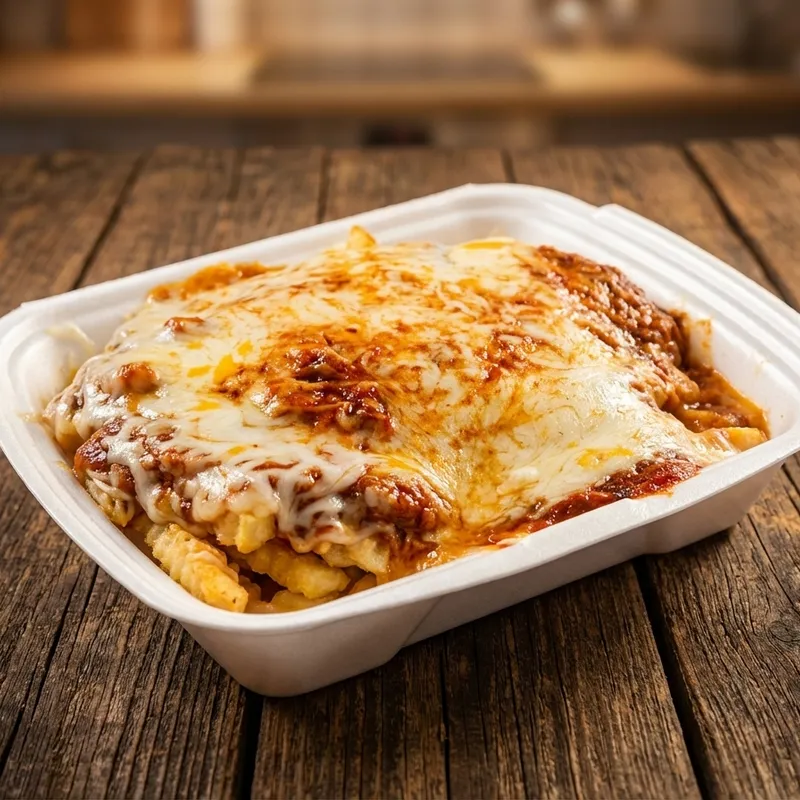 Pommes frites m/pizzafyll, kebab og dressing